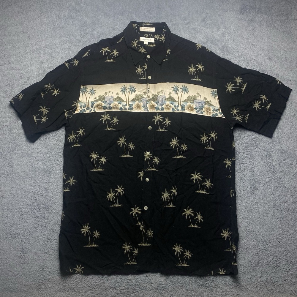 Pierre‎ Cardin Shirt Men's Large Hawaiian Tropical Floral Short Sleeve Button Up